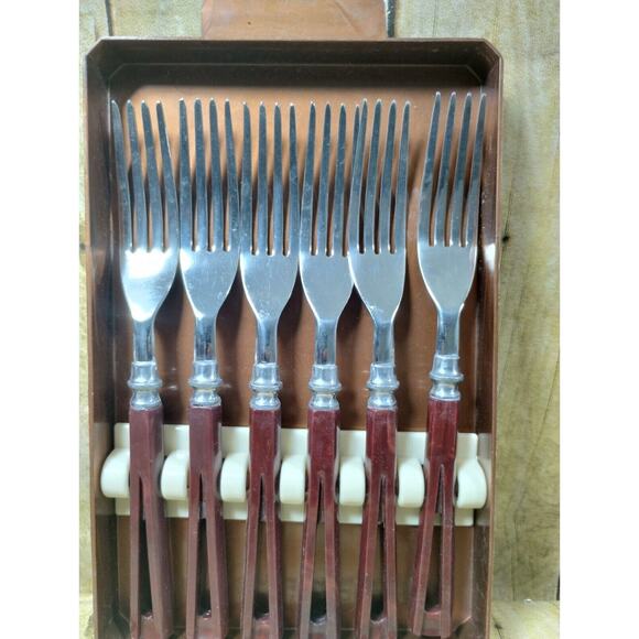 VTG 50s Stanley Deluxe Steak Fork Set Of 6 w/Tray MCM - Picture 3 of 9